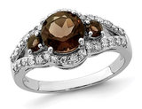 1.45 Carat (ctw) Smoky Quartz Three Stone Ring in Sterling Silver with Diamonds